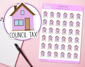 May include: A sheet of planner stickers featuring a pink house with a brown roof and door. The stickers are labeled "Council Tax".