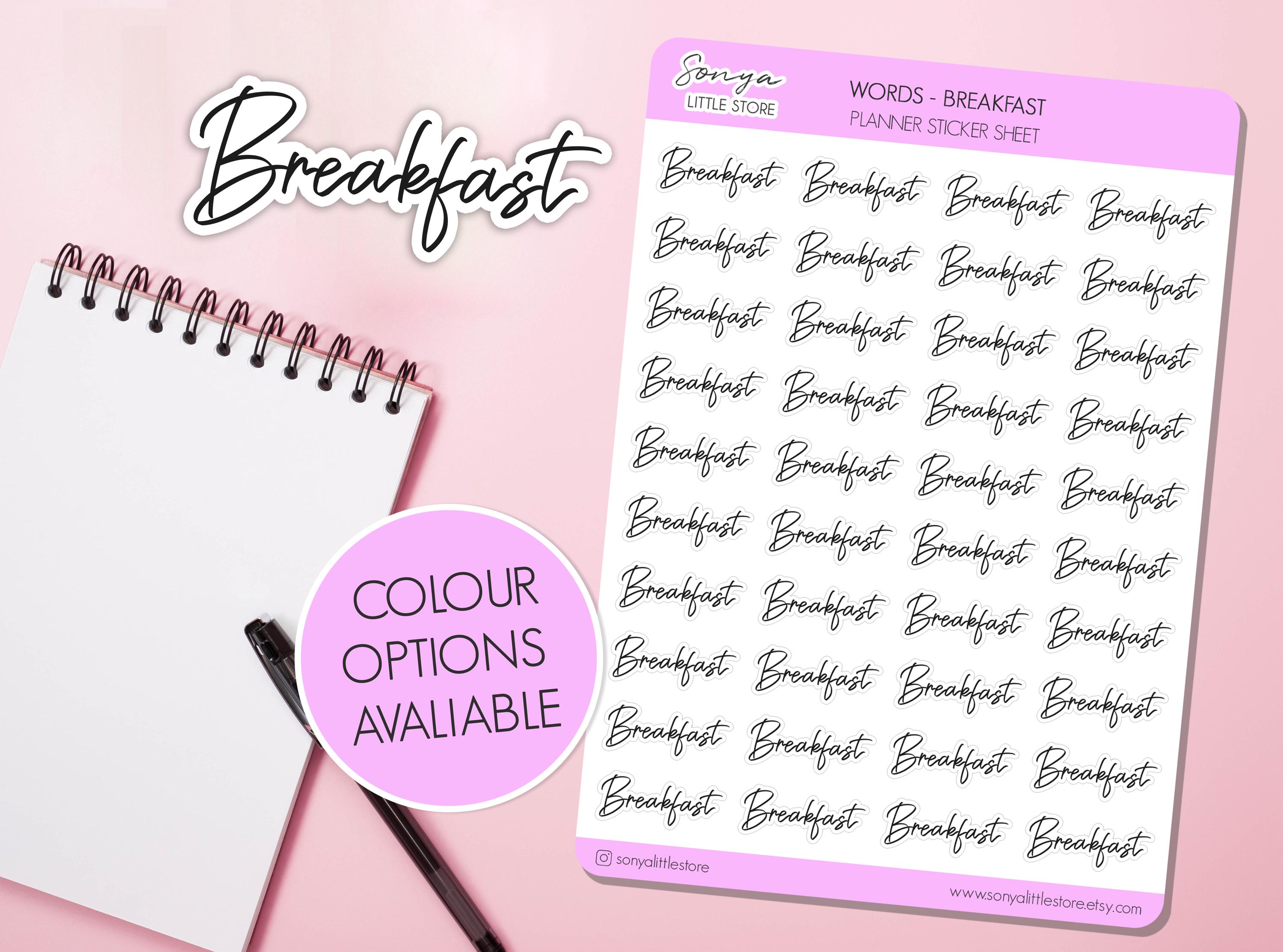 Breakfast Words Planner Stickers | Custom Colour Script Lettering Meal Food Prep Functional Bullet Journal Diary Sticker Sheet