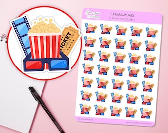 Movie Night Planner Stickers Cinema Date Icons, Film Reel & Popcorn Journal Diary Sticker Sheet