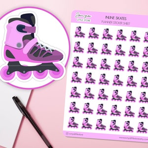 Peut inclure: Une feuille d'autocollants pour planificateur avec 36 patins à roulettes roses. Les autocollants sont conçus pour être utilisés dans un planificateur ou un journal. La feuille est intitulée "Inline Skates Planner Sticker Sheet".