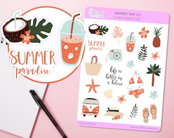 Summer Time Planner Stickers | Summer Holiday Vacation Tropical Beach Vibes Journal Diary Sticker Sheet
