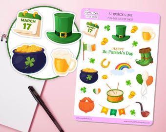 St.Patrick's Day Planner Stickers Celebration Green, Ireland, Shamrock, Lucky Clover, Rainbow, Pot of Gold Bullet Journal Sticker Sheet