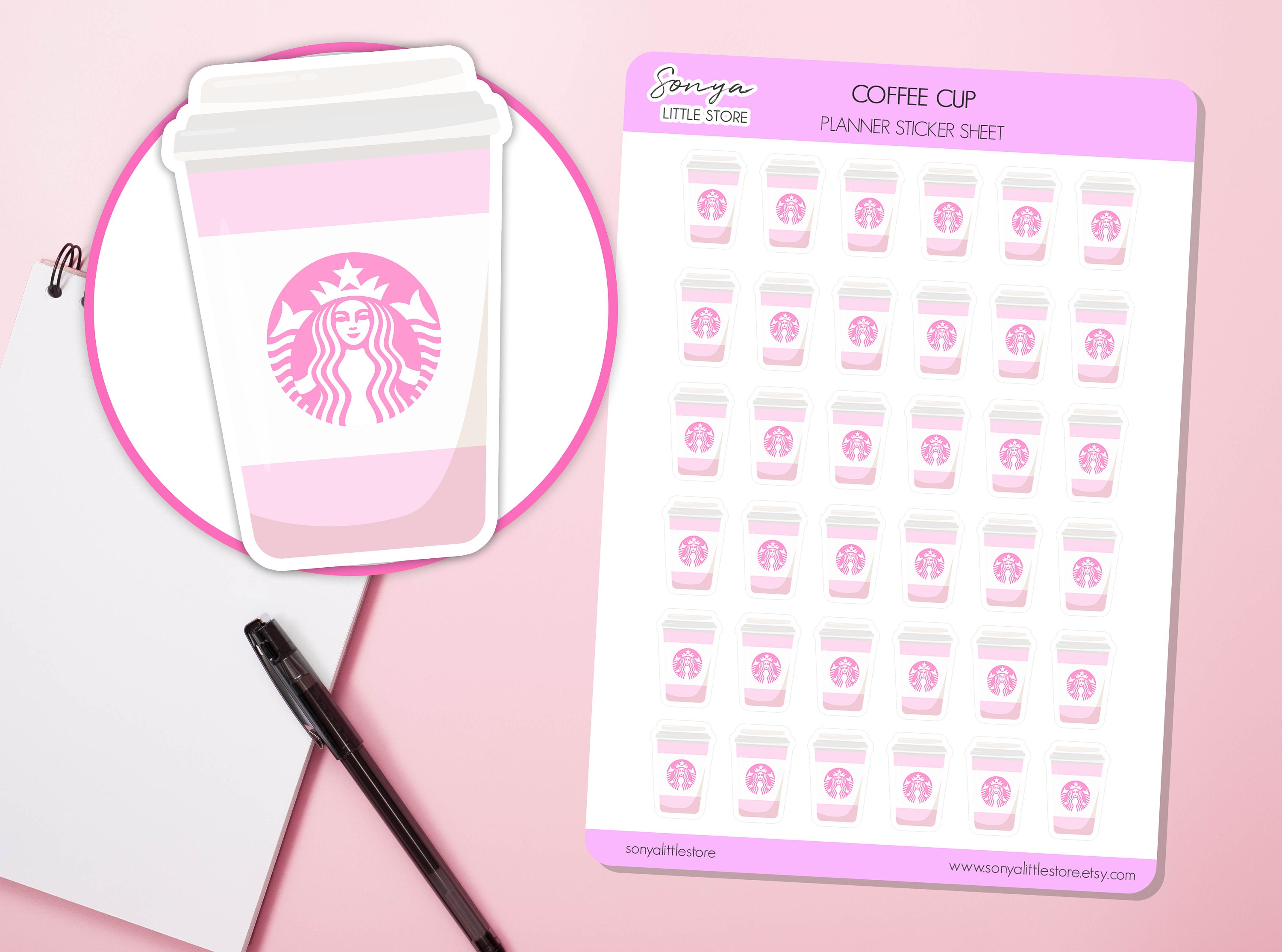 Cute Pink Coffee Cup Planner Stickers Coffee Break Date Caffeine Bullet Journal Diary Sticker Sheet