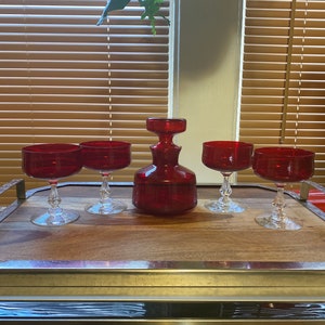 Ruby red glass decanter with 4 glasses