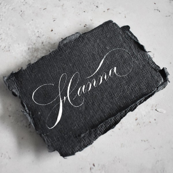 Calligraphy name cards or place cards 2"x3" small on black handmade paper with white ink. Wedding table decor. Vintage boho romantic