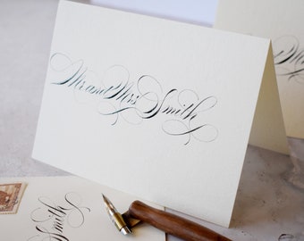 Hand lettered custom calligraphy greeting card in Ivory and black A6 Wedding, birthday, anniversary, holiday card.