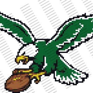 May include: A pixelated image of a green eagle in flight, clutching a brown football. The eagle has white and black accents, with a yellow beak and talons. The design is a stylized representation of a sports team logo.