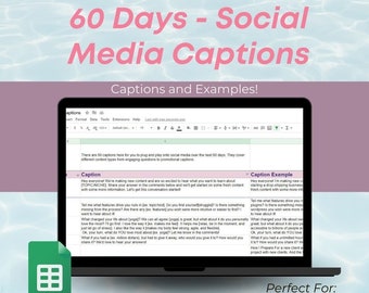 Op de afbeelding: Een laptop toont een Google Sheets-document met voorbeelden van social media-bijschriften. De tekst behandelt soorten content en boeiende vragen. De afbeelding bevat Instagram- en Facebook-pictogrammen, met de tekst "60 Days - Social Media Captions."