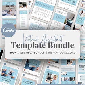 Könnte beinhalten: Ein digitales Produktpaket für virtuelle Assistenten. Das Paket enthält über 300 Seiten mit Vorlagen, Anleitungen und Checklisten. Die Vorlagen sind in einem hellblauen und weißen Farbschema gestaltet. Der Text "Virtual Assistant Template Bundle" ist in einer handschriftlichen Schriftart geschrieben. Der Text "300+ Pages Mega Bundle | Instant Download" ist in einer serifenlosen Schriftart geschrieben.