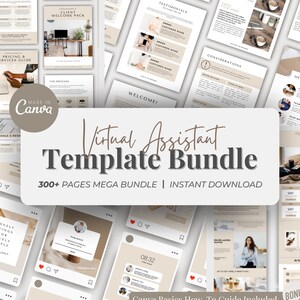 May include: A digital product bundle for virtual assistants, featuring over 300 pages of templates and a Canva basics how-to guide. The bundle includes templates for client welcome packs, pricing and services guides, testimonials, and more. The templates are designed in a minimalist style with a beige and brown color scheme.