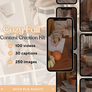 May include: A digital marketing kit for content creators featuring a collage of images with a fall theme. The kit includes 100 videos, 30 captions, and 250 images. The text "Cozy Fall Content Creation Kit" is displayed in a large font at the top of the image.