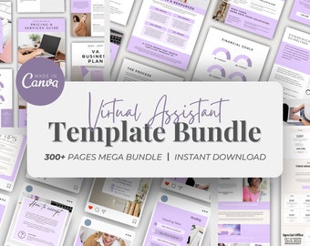 Virtual Assistant Business Purple Bundle Welcome Guide Template Client Onboarding Planner Social Media Posts Editable Template Canva Website