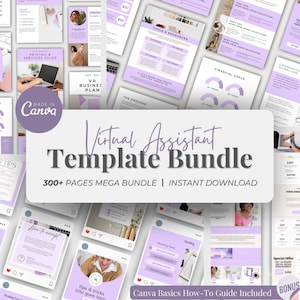 May include: A purple and white virtual assistant template bundle with over 300 pages. The bundle includes a business plan, pricing guide, communication guidelines, financial goals, tools and resources, and a Canva basics how-to guide. The text "Virtual Assistant Template Bundle" is in a large, bold font.