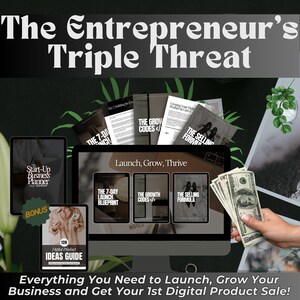 May include: A digital product bundle for entrepreneurs, featuring a laptop screen displaying the words "Launch, Grow, Thrive" and three digital products: "The 7-Day Launch Blueprint", "The Growth Codes", and "The Selling Formula". The bundle also includes a bonus guide with 120 digital product ideas.