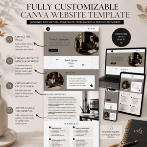 May include: A fully customizable Canva website template for virtual assistants and freelancers. The layout features sections for work experience, services, and an about me page, with arrows pointing to editable elements like images, colors, and fonts.