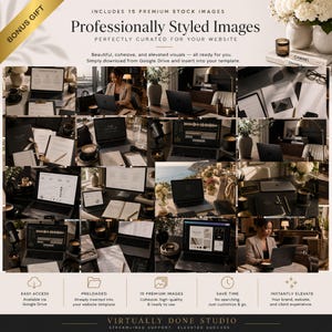 May include: A digital collection of 15 professionally styled stock images featuring laptops, office supplies, and workspace environments. The text includes 'BONUS GIFT', 'Professionally Styled Images', and 'VIRTUALLY DONE STUDIO'.