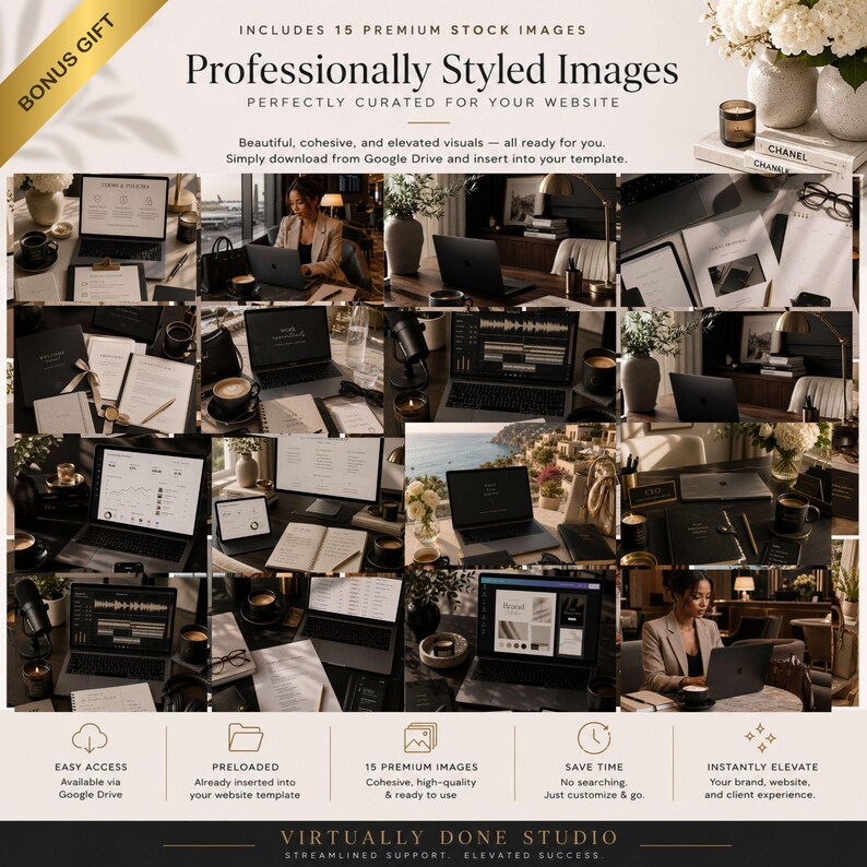 May include: A digital collection of 15 professionally styled stock images featuring laptops, office supplies, and workspace environments. The text includes 'BONUS GIFT', 'Professionally Styled Images', and 'VIRTUALLY DONE STUDIO'.