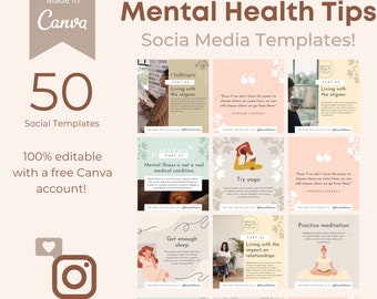 50 SOCIAL MEDIA CONTENT - Mental Health Quotes - Social Media Pack - Health Tips - Canva files - Instagram Template