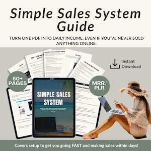 May include: Digital guide titled "Simple Sales System Guide" promising to help users generate daily income from a PDF. The image shows a tablet, papers, and a person using a laptop. The guide has over 80 pages and is an instant download.