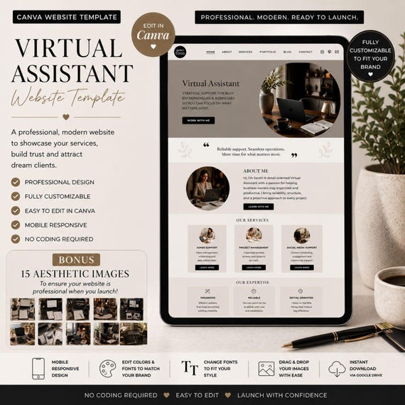 Dark Aesthetic Minimal Virtual Assistant Portfolio Canva Website Canva Template Editable Portfolio Website Done For You VA Landing Page