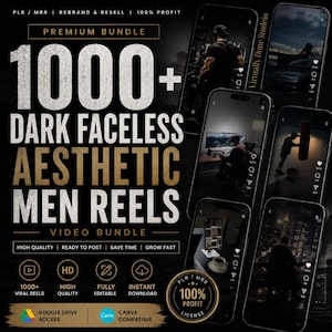 Puede incluir: Imagen promocional para un paquete de videos con reels est&eacute;ticos oscuros y sin rostro para hombres. La imagen incluye el texto "1000+ Dark Faceless Aesthetic Men Reels" y muestra varias pantallas de tel&eacute;fono con contenido de video. El paquete promete alta calidad.