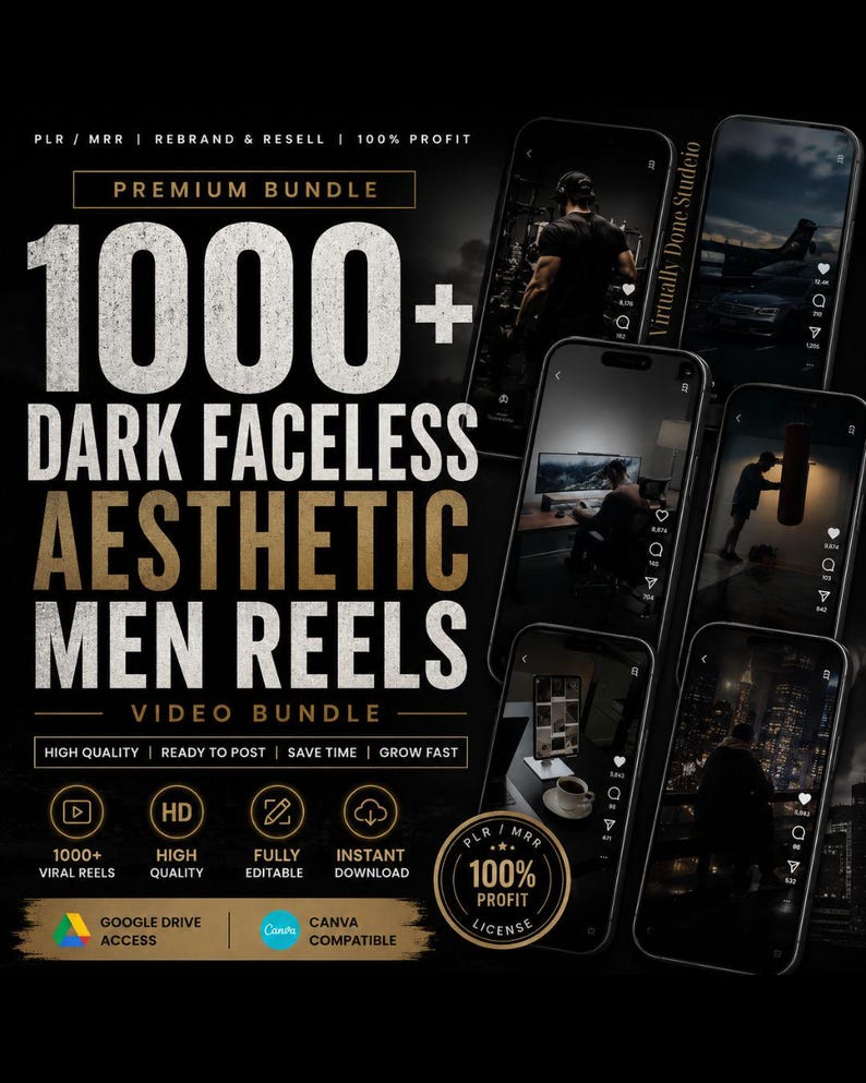 Puede incluir: Imagen promocional para un paquete de videos con reels est&eacute;ticos oscuros y sin rostro para hombres. La imagen incluye el texto "1000+ Dark Faceless Aesthetic Men Reels" y muestra varias pantallas de tel&eacute;fono con contenido de video. El paquete promete alta calidad.