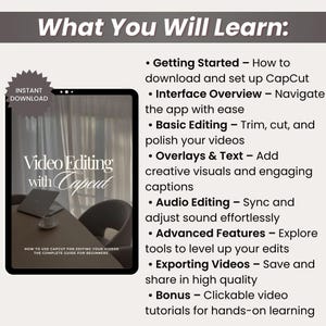 May include: Digital download titled "Video Editing with CapCut" with a laptop and coffee cup on a table. The guide covers CapCut basics, overlays, audio editing, and exporting videos. Includes instant download and clickable video tutorials.