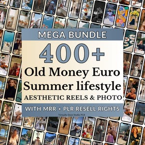 Könnte beinhalten: Ein digitales Produktpaket mit über 400 ästhetischen Reels und Fotos. Das Bild zeigt Smartphone-Bildschirme mit Lifestyle-Inhalten. Der Text enthält "MEGA BUNDLE", "Old Money Euro Summer lifestyle" und Wiederverkaufsrechte.