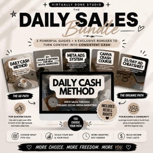 May include: A promotional graphic for the "Daily Sales Bundle" with guides and bonuses to generate consistent income. The image includes the text "Daily Cash Method" and "Meta Ads System" with other marketing-related text and graphics.