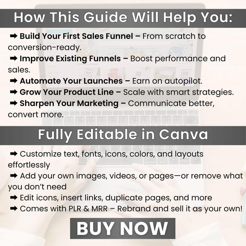 May include: A digital guide with the title "How This Guide Will Help You" and the text "Fully Editable in Canva". The guide promises to help users build sales funnels, improve existing ones, automate launches, grow product lines, and sharpen marketing. A "BUY NOW" button is at the bottom.
