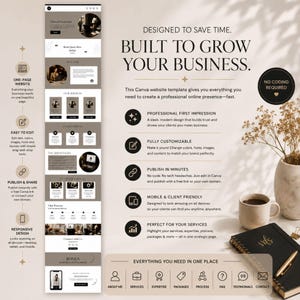 May include: A Canva website template display featuring a vertical layout with sections for services, about, and contact. The design includes text stating Designed to save time. Built to grow your business. No coding required, and icons for features.