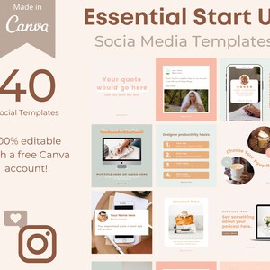 Könnte beinhalten: Eine Sammlung von 40 Social-Media-Vorlagen zur Verwendung mit Canva. Die Vorlagen sind für eine Vielzahl von Zwecken konzipiert, darunter Zitate, Erfahrungsberichte, YouTube-Videos, Produktivitätstipps, Urlaubsankündigungen und Podcast-Werbeaktionen. Die Vorlagen zeichnen sich durch eine minimalistische Ästhetik mit einem Farbkonzept in Pfirsich und Grün aus.