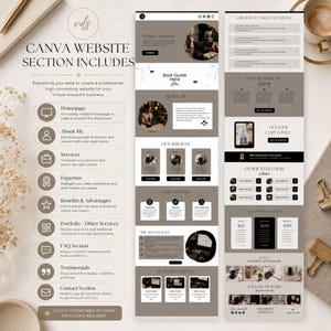 May include: A digital template for a Canva website featuring a neutral color palette with beige and dark brown sections. The layout includes headers for Homepage, About Me, Services, Expertise, Benefits, Portfolio, FAQ, Testimonials, and Contact.