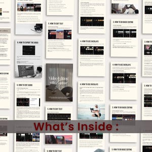 May include: A collection of instructional pages from a video editing guide. The pages feature screenshots and text, with titles like "How to Edit Text" and "How to Use Overlays." The cover of the guide is visible, titled "Video Editing with CapCut."