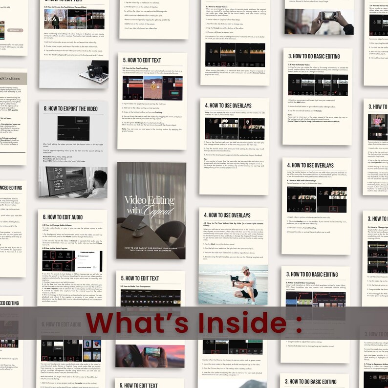 May include: A collection of instructional pages from a video editing guide. The pages feature screenshots and text, with titles like "How to Edit Text" and "How to Use Overlays." The cover of the guide is visible, titled "Video Editing with CapCut."