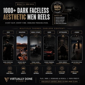 Puede incluir: Gr&aacute;fico promocional para "1000+ Dark Faceless Aesthetic Men Reels". La imagen presenta una est&eacute;tica oscura con texto que destaca temas como gimnasio, vacaciones, trabajo/estudio y coches. Incluye el texto "Virtually Done Studio."