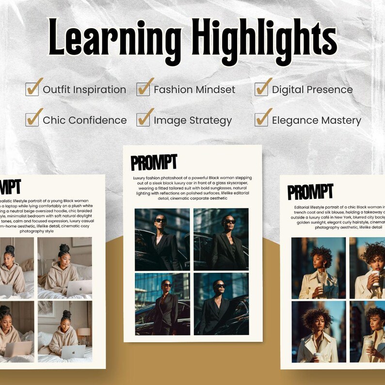 May include: A promotional graphic with the text "Learning Highlights" and checkmarks next to phrases like "Outfit Inspiration" and "Image Strategy." The image includes lifestyle photos of Black women in various settings, showcasing fashion and style.