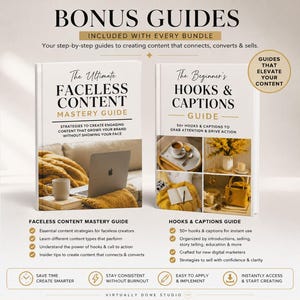 Puede incluir: La imagen muestra dos gu&iacute;as: "The Ultimate Faceless Content Mastery Guide" y "The Beginner's Hooks & Captions Guide". Las gu&iacute;as son blancas con texto e im&aacute;genes en negro. La imagen tambi&eacute;n incluye el texto "Bonus Guides" y "Guides That Elevate Your Content".