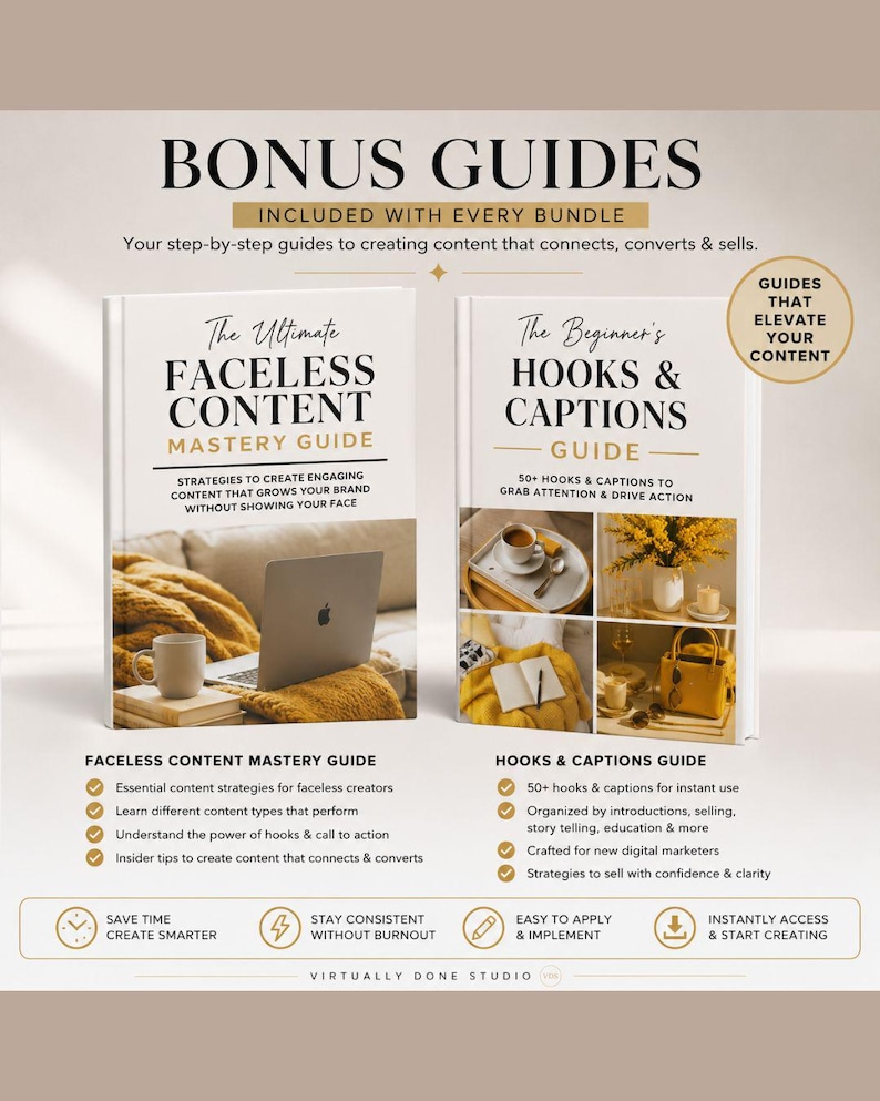 Puede incluir: La imagen muestra dos gu&iacute;as: "The Ultimate Faceless Content Mastery Guide" y "The Beginner's Hooks & Captions Guide". Las gu&iacute;as son blancas con texto e im&aacute;genes en negro. La imagen tambi&eacute;n incluye el texto "Bonus Guides" y "Guides That Elevate Your Content".