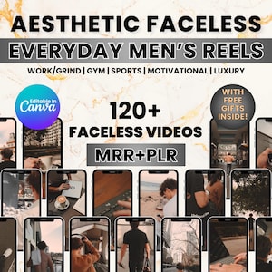 May include: A digital product advertisement with the text "Aesthetic Faceless Everyday Men's Reels." The image includes the text "120+ Faceless Videos MRR+PLR" and "With Free Gifts Inside!" The Canva logo is also visible.