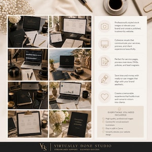 May include: A collection of professional stock photography featuring office workspaces, laptops, notebooks, and floral arrangements. The right side displays a list of benefits and features with icons, including text about branding, website design, and Canva editing.