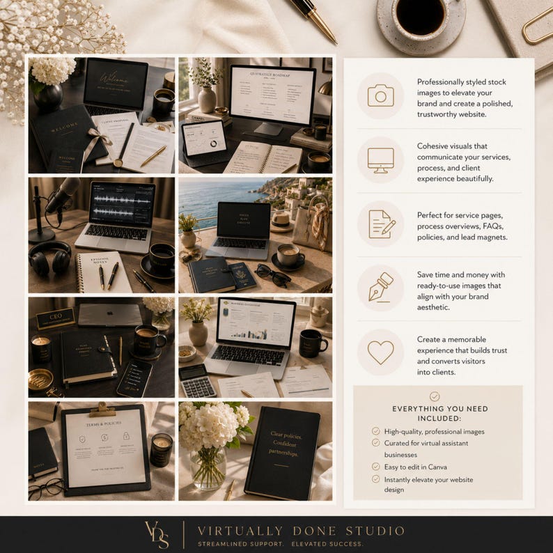May include: A collection of professional stock photography featuring office workspaces, laptops, notebooks, and floral arrangements. The right side displays a list of benefits and features with icons, including text about branding, website design, and Canva editing.