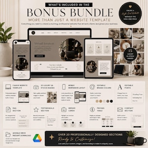 May include: A digital marketing bundle featuring a website template displayed on a laptop, tablet, and smartphone. The layout includes 15 luxury stock images, editable brand colors, fonts, and over 20 sections including FAQ, testimonials, and pricing tables.