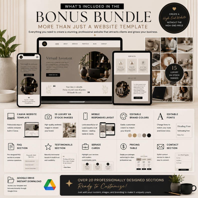 May include: A digital marketing bundle featuring a website template displayed on a laptop, tablet, and smartphone. The layout includes 15 luxury stock images, editable brand colors, fonts, and over 20 sections including FAQ, testimonials, and pricing tables.