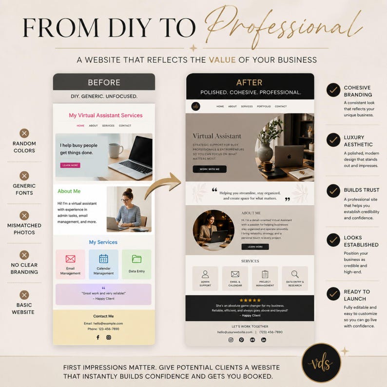 May include: A side-by-side comparison graphic showing a website redesign. The left side labeled BEFORE displays a generic layout with random colors. The right side labeled AFTER shows a polished, cohesive website design with a neutral color palette.