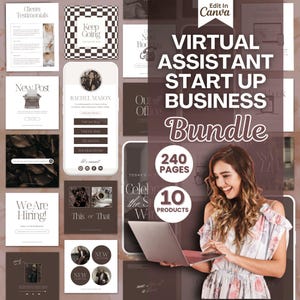 May include: A collage of images promoting a virtual assistant start-up business bundle. The bundle includes 240 pages and 10 products. The images feature a variety of designs, including text, graphics, and photos. The text includes phrases like "Clients Testimonials", "Keep Going", "New Post", "We Are Hiring", "Rachel Mason", "Out of Office", "Today's", "Celebrate the Success", "This or That", "New", and "Virtual Assistant Start Up Business Bundle".