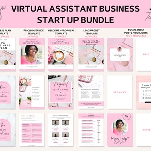 May include: A pink and white digital marketing template bundle for virtual assistants. The bundle includes a business plan, pricing guide, welcome pack, lead magnet, social media posts, and more. The bundle includes over 300 templates.