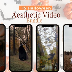 May include: A collage of four phone screens displaying various Halloween aesthetic video clips. The first screen features a lit candle and oranges on a blanket. The second screen shows a witch walking through a forest. The third screen depicts bats flying in front of a house. The fourth screen shows a ghost in a field.