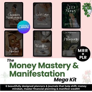May include: A digital product bundle for personal finance and wealth manifestation. The bundle includes six planners and journals with titles like "The Quantum Manifestation Planner", "The Goal Getter Planner", "The CEO Money Trucker", "Wealth Mindset", "Wealth in Purpose", and "The Prosperity Journey".