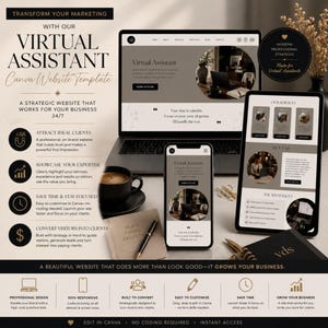 May include: A Canva website template for virtual assistants featuring a laptop, smartphone, and tablet displaying a professional layout. The design includes text, icons, and branding elements in a neutral color palette with a coffee cup and pen.